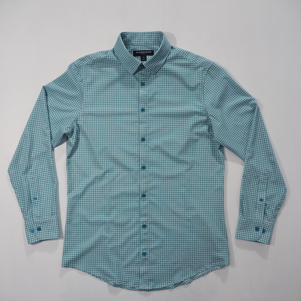Mizzen Main Leeward Shirt Mens Medium Green White Geometric Print Long Sleeve
